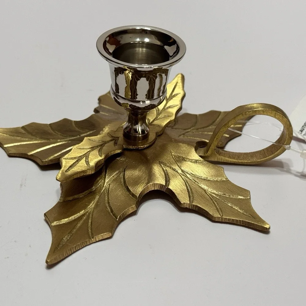 Pair Poinsettia Brass Leaf Candle Holder India Royal Gallery Christmas 2 Vtg New